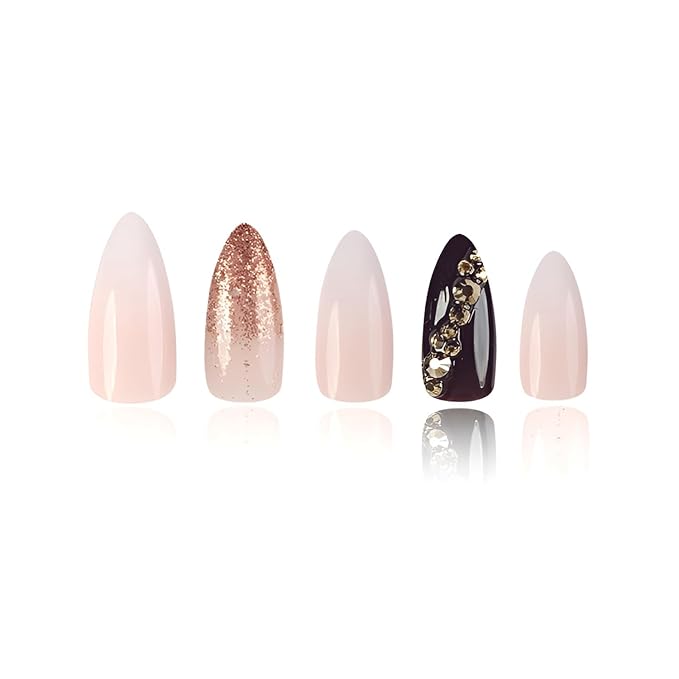 24Pcs Long Stiletto Fake Nails Gold Glitter Press on Nails Gradient False Nails with Rhinestones Design Glossy Full Cover Nails Press Ons Acrylic Glue on Nail for Women Decoration Set