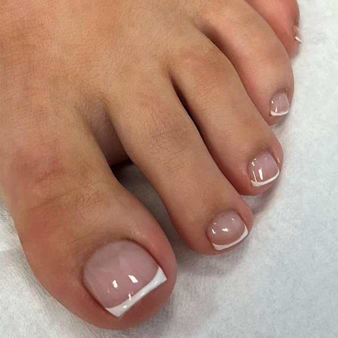9Packs 216Pcs French Tip Press on Toe Nails Short Square Fake Toenails Glossy Chrome Acrylic Nails Nude Nature Artificial False Toe Nail Glue on Nails for Women Girls Manicure Nails Decoration