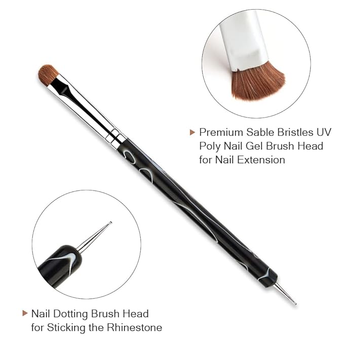 French Manicure Brush -Two Way Sable Nail Art Brush with Dotting Tool for Manicure Cuticle Clean Up Nail Art Design- Professional Nail Salon Quality Brush, Nail Dotting Pen (12#)