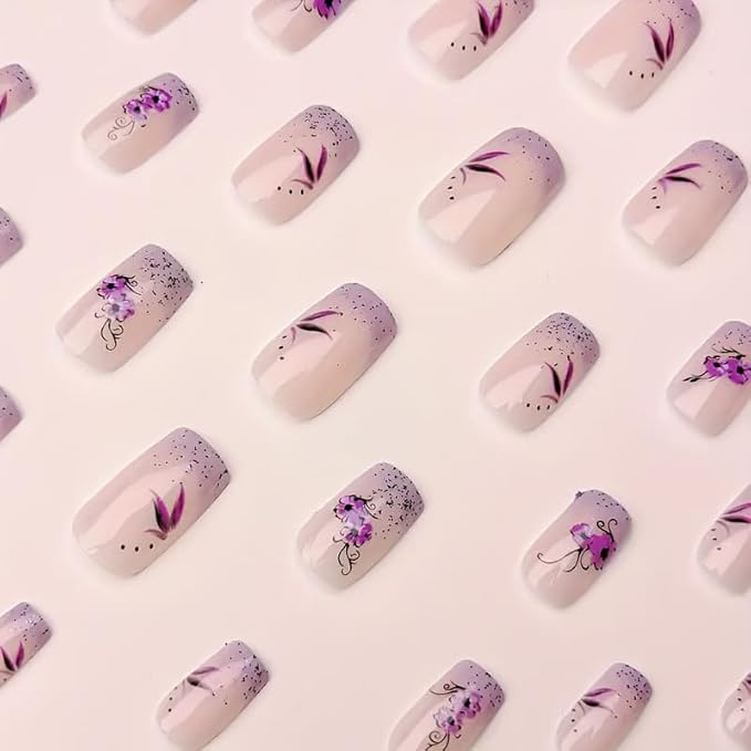 24Pcs Short Square Fake Nails Purple Flower Press on Nails Glitter Designs Valentine Nails Glue on Purple French Tip False Nail Full Cover Gradient Stick on Nail for Women Manicure Kit