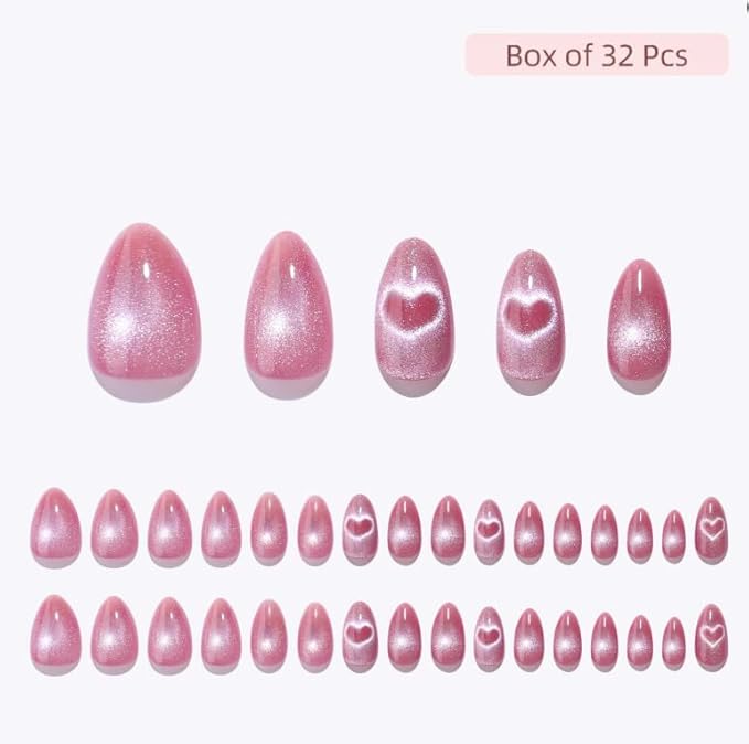 Press On Nails - Love Beam | Heart Cat Eye, UV Finish Almond Nails, Salon Quality | 32 Nails, 16 Sizes Kit with Glue and Adhesive Tabs I Female Founded - Beauty, Self Care