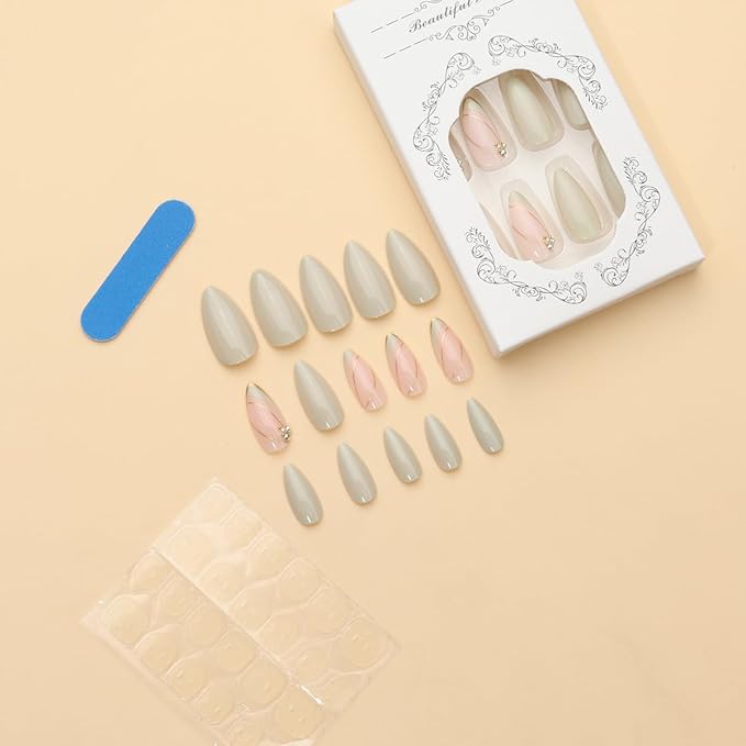 Almond Press on Nails Medium - Green Fake Nails with Gold Line Design - Full Cover Stick on False Nails for Women 24 Pcs