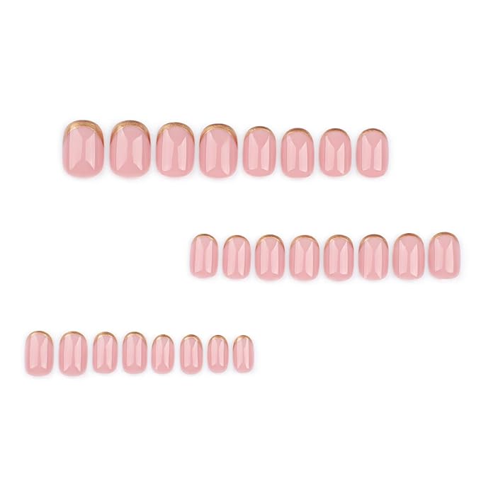 Nude Press on Nails Short Oval MABKJLF Fake Nails Natural Nails False Nails with Gold Glitter Designs Solid Colour Full Cover Glossy Glue on Nails Acrylic Nails for Women Girls 24 Pcs