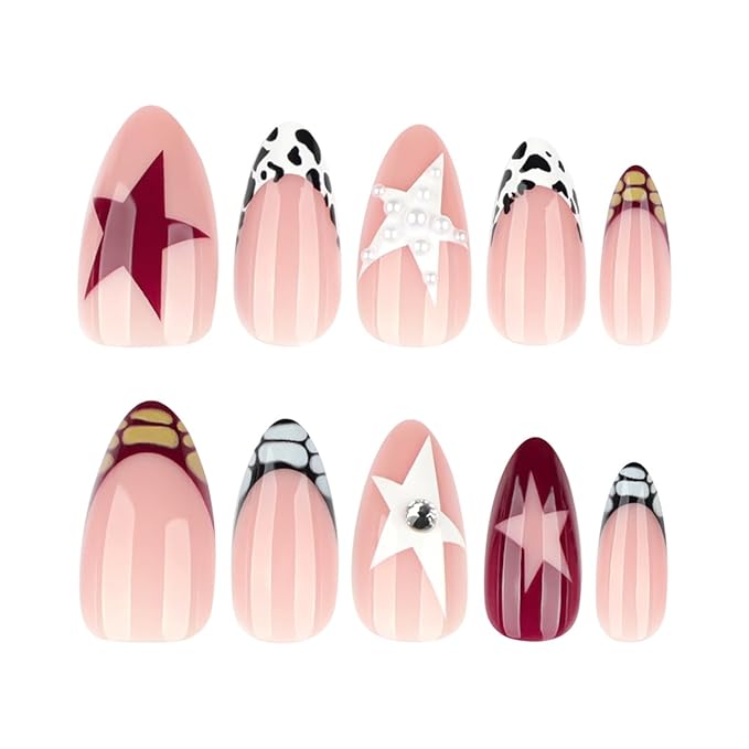 Crocodile Print French Tip Press on Nails - Star False Nails Short Almond Fake Nails Press ons with Pearl Design, Full Cover Pentagram Glue on Nails for Women Y2K Manicure 24Pcs