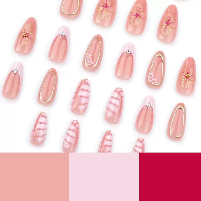 Press on Nails Medium Almond - Flower Fake Nails with Gold Line Design - French Tip False Nails Press ons - for Women 24 Pcs