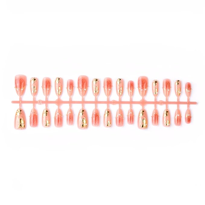 30Pcs Valentines Press on Nails Medium Almond Fake Nails Gold Flower Nails Press Ons with Pearl Design Rose False Nails Glossy Glue on Nail Nude Pink Stick on Nail for Women Decoration Set