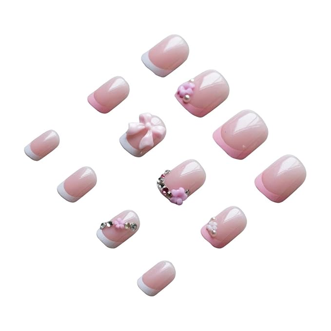 French Tip Press on Nails Short Square MABKJLF White&Pink Flower Fake Nails Bow False Nails with Pearls Rhinestones Designs Glossy Glue on Nails Acrylic Nails for Women Girls 24Pcs