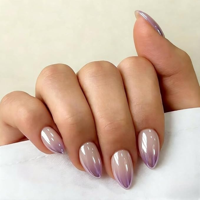 Chrome Ombre Lilac Press on Nails Short Almond, Glazed Cute Fake Nails with Sparkle Mirror Design, Shiny Glitter Glue on Nails Stiletto, Gradient Nude Gel Nail Press ons with Glue 30 Pcs