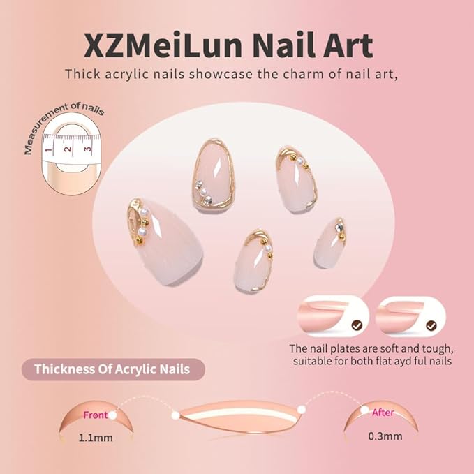 Short Almond Press on Nails with French Tip & 3D Gold Line Pearl Charms Design, Glossy Full Cover Acrylic False Nails with Glue, Reusable Stick-on Fake Nails for Women- Fall Nail Art Gift
