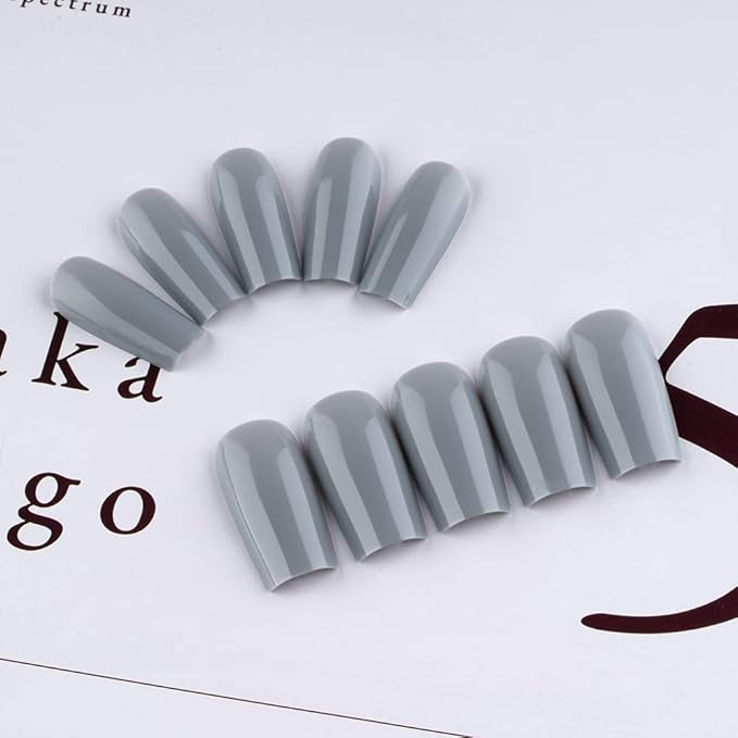 KQueenest Gray Press on Nails Long Medium Square, Stone Grey Fake Nails Medium Coffin, Glossy Sheer Color Acrylic Nails Press ons, Reusable Soft Gel Glue on Nails for Women Fall Winter