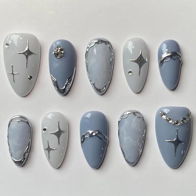 Press On Nails Handmade French Nails for Women, Reusable Medium Almond False Nails, 10PCS ABS Artificial Fingernails with Tip Designs for Salon & Home Use Size L