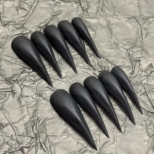 Halloween Press Claw on Nails Long Curved Stiletto Handmade Black Stick on Nails Horror Vampire Fake Nails Dragon Cat Claw Press on Nails Matte Acrylic Glue on Nail Thick (S,Black Matte Finish)