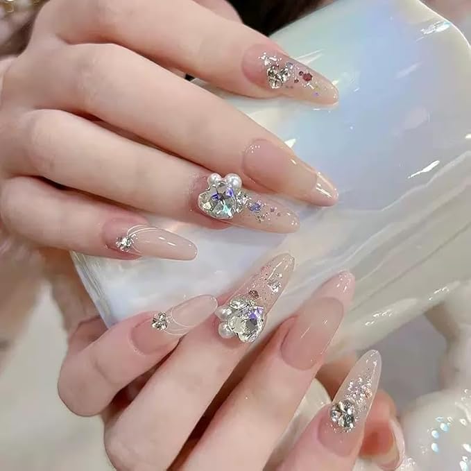 Press-On Nails for Women, 24 Pieces Fake Nails, Almond Shape with Jelly Glue,Pink French Style with Crystal Rhinestones and Glitter,Perfect for Gift or Parties