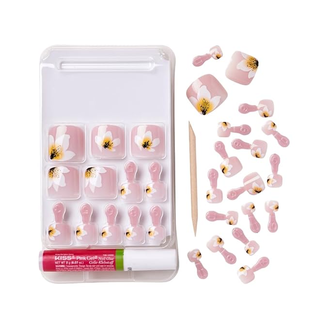 GoldFinger Trendy Press On Fake Toenail Kit, White Flower Pink Color, Ready to Wear Gel & Manicure Stick, Mini Glue included, Long-Lasting Convenient & Easy to Apply