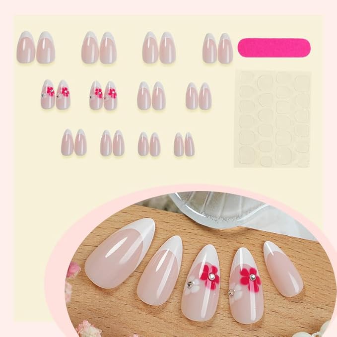 Press on Nails Almond Painted Flowers French Fake Nails French Fake Nails Reusable Nail Kit with Nail Glue Adhesive Tabs Mini File for Women Manicure Art Decoration 24PCS