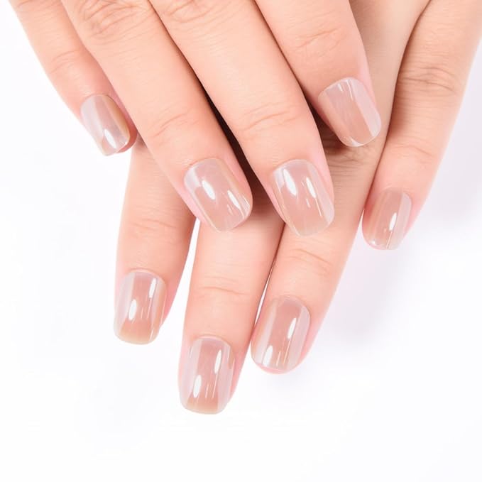evpct Nude Glazed Press on Nails Short Square for Women Gift, Chrome Glazed Nude Fake Nails Reusable with Soft Gel, Glossy Glitter Stick on False Nail Kit Salon Quality DIY at Home, 01