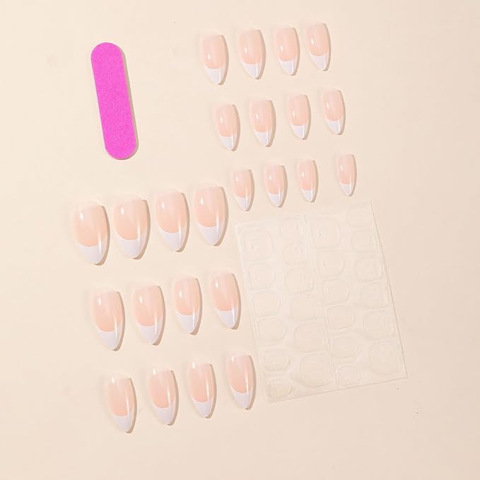 24pcs Medium Almond Press on Nails White Nail Tips Fake Nails Glossy Nude Pink False Nails Stick on Nails Full Cover Artificial Glue on Nails Acrylic Nail Kit for Women Girls DIY Manicure Salon