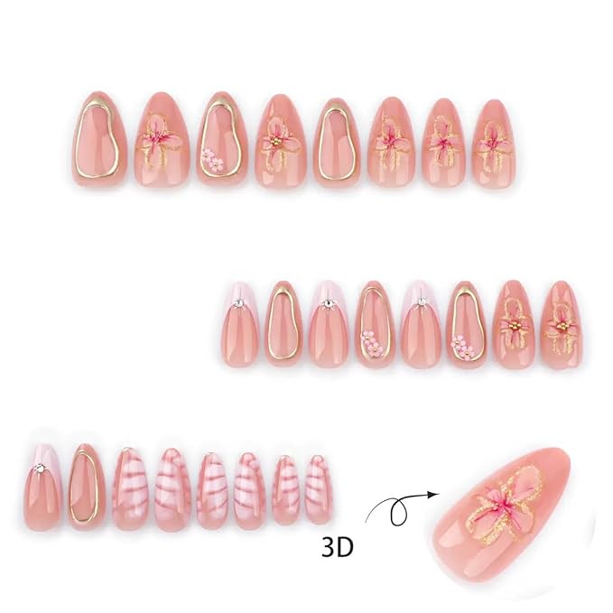 Press on Nails Medium Almond - Flower Fake Nails with Gold Line Design - French Tip False Nails Press ons - for Women 24 Pcs
