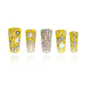 2025 Duck Nails Handmade PMMA Acrylic Medium Square Fake Nails with Rhinestones Love Star Design Reusable Full Coverage Duck Ladies Fake Nail (Yellow, L)