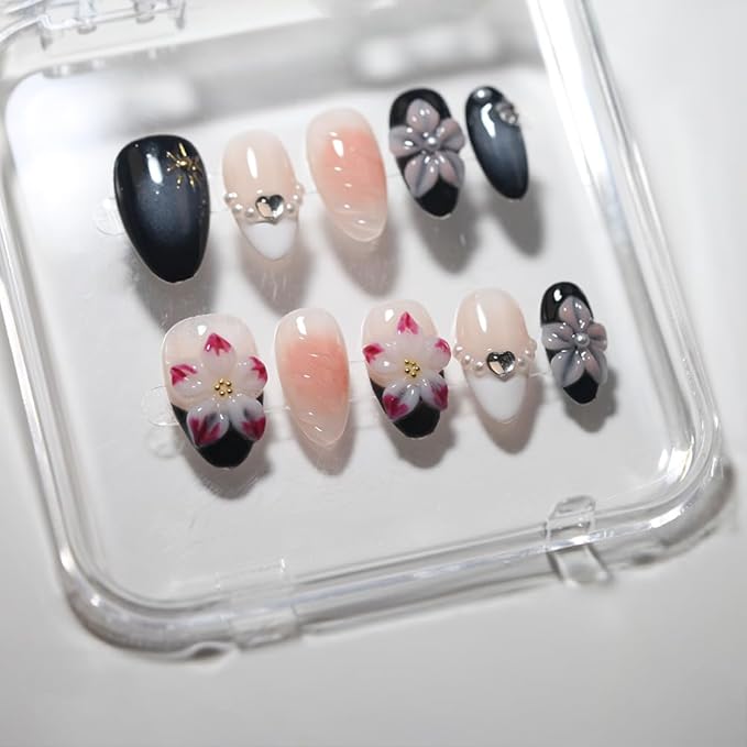 10 Short Almond Handmade Press On Nails | 3D Floral & Heart Accent Elegant Black & Nude Gradient False Nails,New styles | Skip Salon Trips, Easy to Apply & Remove, Reusable (251109, S)