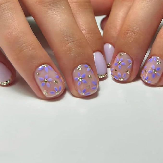 Generic Short Press on Nails Mummer Square Acrylic Nails Purple Flower Designs Cute French Tip Artificial False Nails Press ons Reusable Stick on Nails Summer Glue on Nails 24Pcs