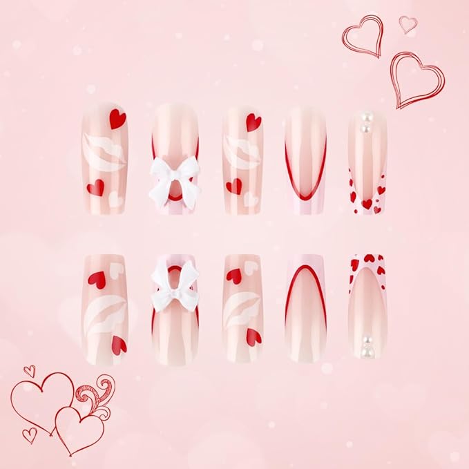 Medium Press on Nails Square - Pink Fake Nails with Bow Heart Design - French Tip Full Cover Stick on False Nails - for Women 24 Pcs