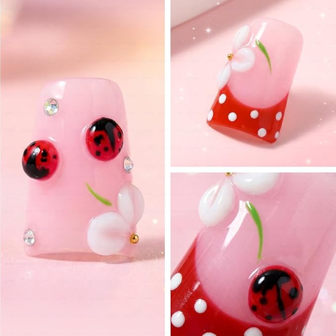 10 Pieces Luxury Acrylic Press On Nails Short Handmade Red Duck Nails,Thickened False French Nails, Three-dimensional Petals And Ladybugs, Reusable Fake Nails, Acrylic Nails (S)