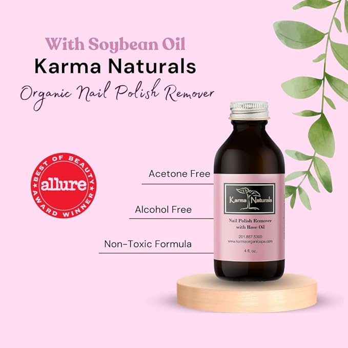 Karma Organic Nail Polish Remover with Rose Oil - Non Toxic, Vegan, Cruelty Free, Acetone free – Nails Strengthener for Fingernails – 4 fl. Oz
