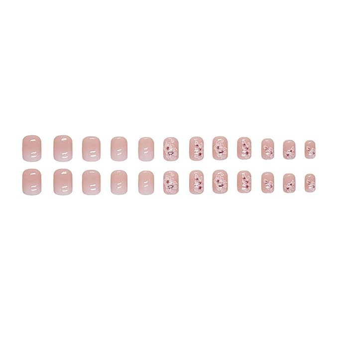 Short Square Press on Nails MABKJLF French Fake Nails Gradient Full Cover White Flower False Nails with Designs Glossy Glue on Nails Acrylic Nails Artificial Nails for Women Girls 24 Pcs