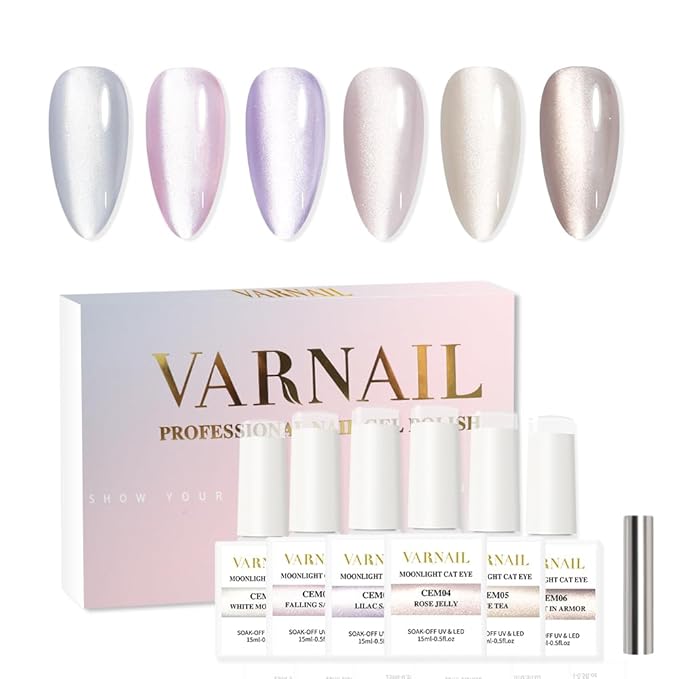 VARNAIL Moonlight Cat Eye Gel Polish Kit 6 Colors, Glitter 9D Holographic Gel Polish with Magnet, Soak off U V Light Nail Polish Set 15 ml/ Bottle, Salon Quality Magnetic UV Nail Polish