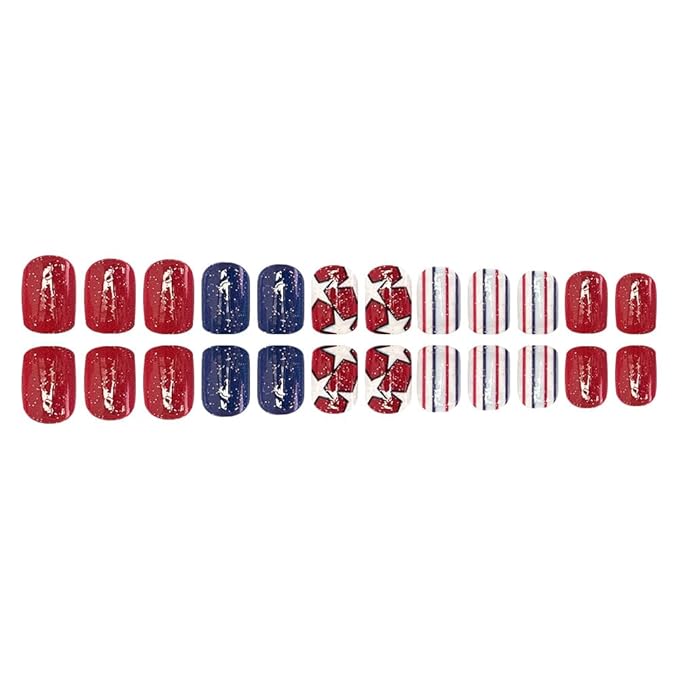 Independence Day Press on Nails Short Square Fake Nails with Star Designs Glossy Red Blue False Nails Lines Stick on Nail Reusable Full Cover 4th of July Acrylic Nail for Women Girls Manicure 24Pcs