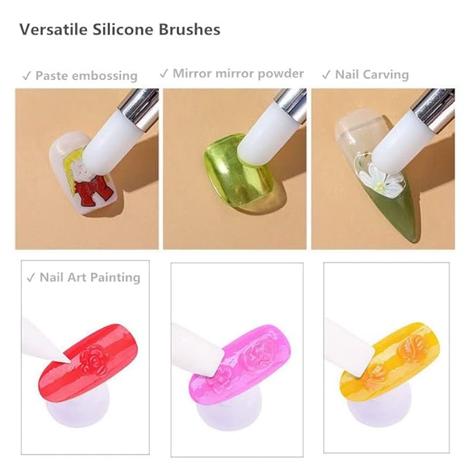 5PCS Dual-Ended Nail Art Sculpture Pen Dotting Tools, Silicone Nail Polish Brushes Stainless Steel Carving Drawing Dotting Tool, Acrylic Rhinestone Handle, Nail Art Tools