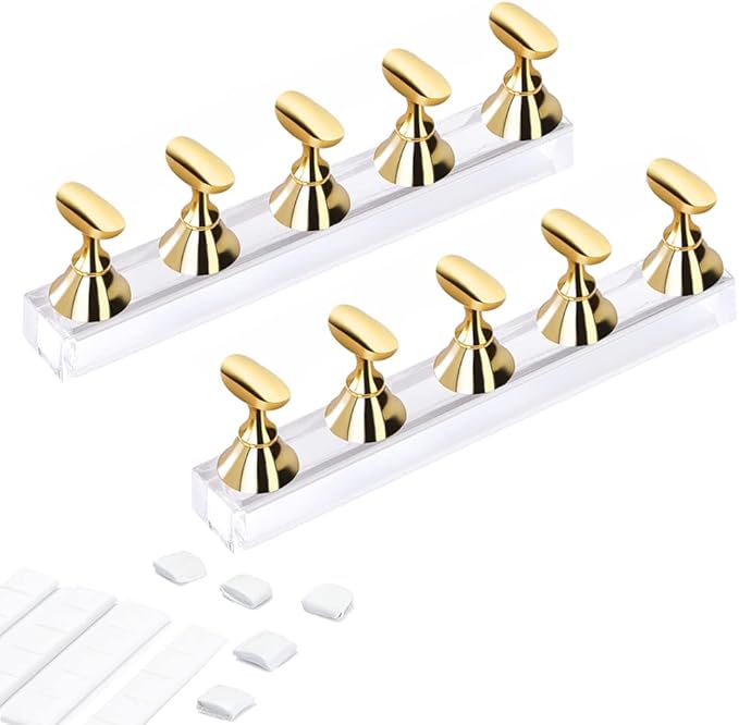 Etercycle Acrylic Nail Display Stand DIY Nail Crystal Holder Magnetic Practice Stands with Reusable Adhesive Putty Clay for False Nail Tip Manicure Tool (2 Gold)