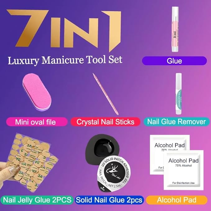 Short Square Press on Nails - Handmade Manicure Art Reusable False Nails 10pcs with Solid Nail Glue, Nail Adhesive Tabs, Strong Nail Glue (S111-Large)