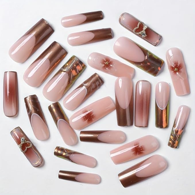 Square Press on Nails Long Brown Fake Nail Embossed Acrylic Nail Press ons With 3D Flower DesignStick on Nails for Women 24pcs