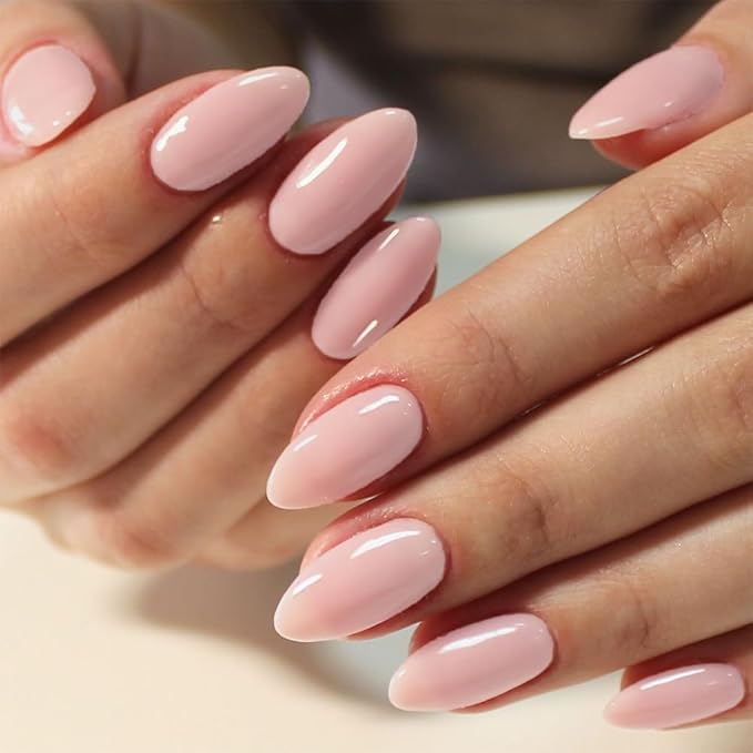 GLAMERMAID Light Pink Nude Press On Nails Short Almond, Translucence Coral Glossy Handmade Soft Jelly Gel Fake Nails, Pure Round Oval Stick Glue on Nails Kit for Women, Reusable Acrylic False Nail Set
