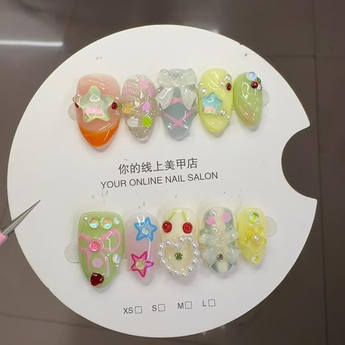 Short Press on Nails Almond Handmade False Nails 3D Stars Bow Pearl Designs Summer Flower Cherry Thick Acrylic Nails Full Cover Fake Nail Set Cute Glue on Nails for Women (Size S)