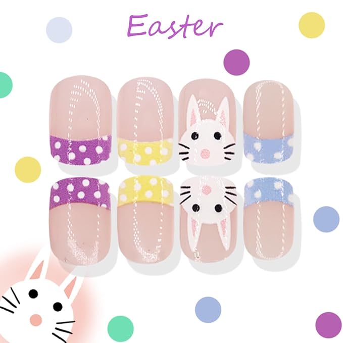Easter Press on Nails Pastel French Tip Fake Nails Short Square Nails Press ons with Bunny Polka Dots Designs Full Cover Glue on Nail Artificial Stick on Nails for Women Manicure 24Pcs