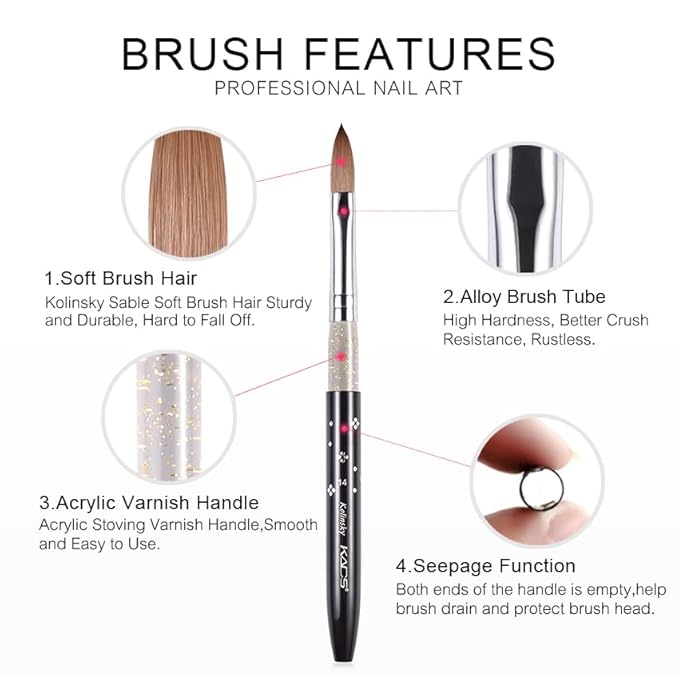 Size 14# Black 100% Kolinsky Sable Acrylic Nail Art Brushes UV Gel Nail Painting Pen Brushes (Szie 14)