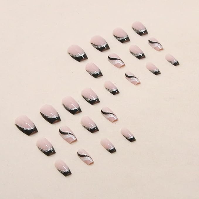 Black French Tip Press on Nails Medium Coffin Fake Nails Silver Glitter Nails Press ons with Design Reusable Artificial Nail Full Cover Glue on Nail Stick on Nails for Women Manicure 24Pcs