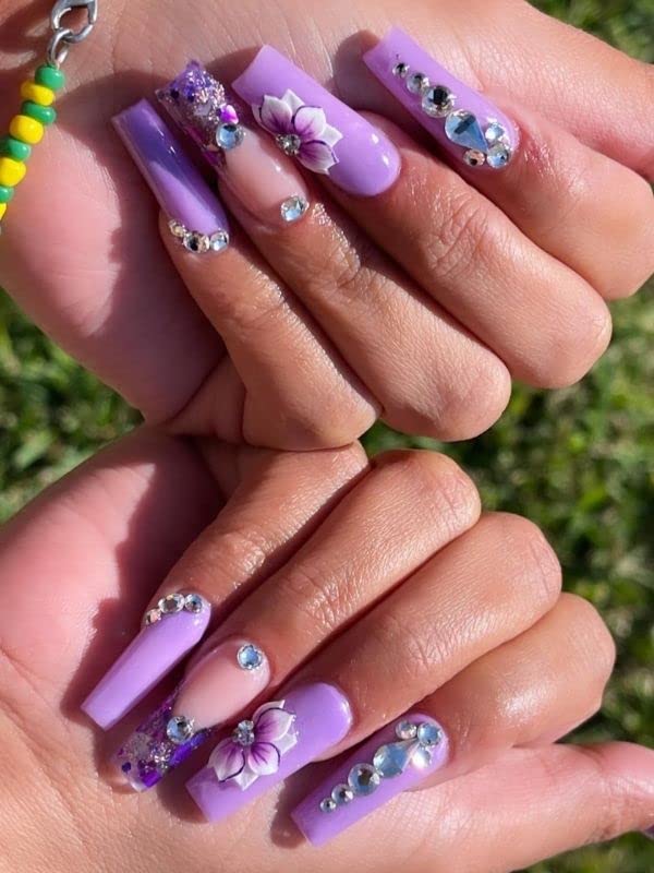 3D Acrylic Flower Nail Art Charms Handmade by Acrylic Powder - 15 colors, 24pcs Flowers Nail Rhinestones Kit 3D Crystal Nail Pearls Flat Design Acrylic Nail Art for Women Girls (Violet)