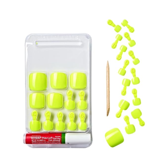 GoldFinger Press On Toenails Kit, High Pigment Neon Yellow Color Fake Toenail, Ready to Wear Gel & Manicure Stick, 2g Glue included, Long-Lasting Convenient & Easy to Apply