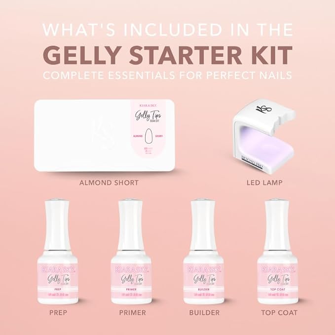 Kiara Sky Gelly Tips Starter Kit | Includes Prep, Primer, Builder, Top Coat, Tips | Almond Short