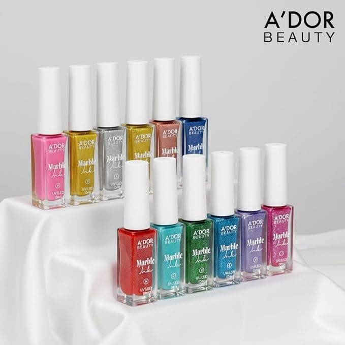 A'DOR BEAUTY Marble Ink for Nails Set - 12 Watercolors & 5 Metallic Shades, Blooming Gel Magic Nail Polish, Nail Art Supplies for Marbling, Veining & Abstract Nail Design - Marble-09