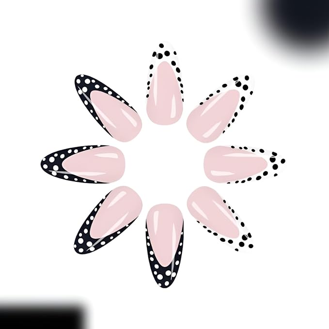 Polka Dot French Tip Press on Nails Medium Almond Fake Nails Nude Nails Press Ons Polka Dot False Nails Black White Glue on Nail Glossy Full Cover Stick on Nail for Women Decoration 24Pcs