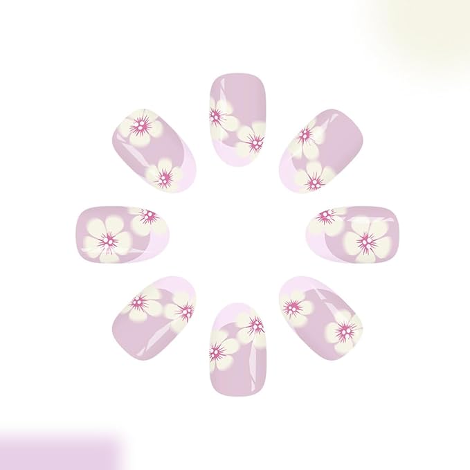 Purple French Tip Press on Nails - Short Fake Nails Almond Nails Press ons with Flower Design, Glossy Acrylic Nails Full Cover Artificial Glue on Nails for Women Manicure 24Pcs