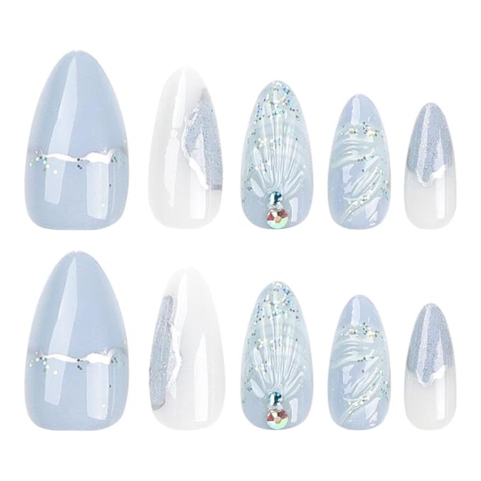Handmade Press on Nails Medium Almond Fake Nails with Seashell Design Marble Glue on Nails Ocean Rhinestones False Nails Glossy Reusable Summer Stick on Nails for Women Girls Manicure 24pcs
