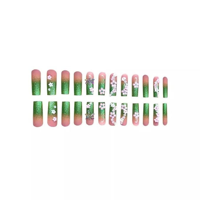 48Pcs Flower Press on Nails Rhinestone French Tips Press on Toenails Long Square Fake Nails with Green Glitter Design White Pink Floral Fake Toes Glossy Summer False Nails for Women Girls DIY Manicure