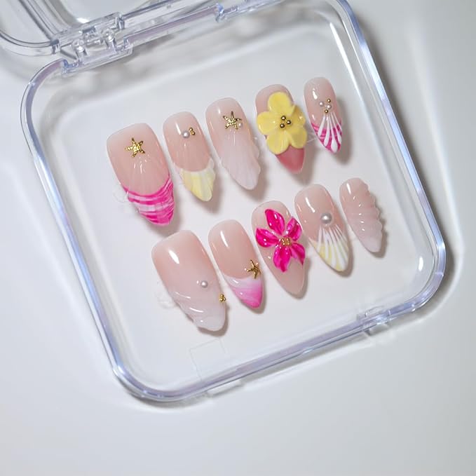 10 Medium Almond 3D Floral Handmade Press On Nails, Vintage Red with seashells and Shiny Rhinestones, Pearls & Cat Eye, Removable and Reusable, All Seasons(A013, XS)