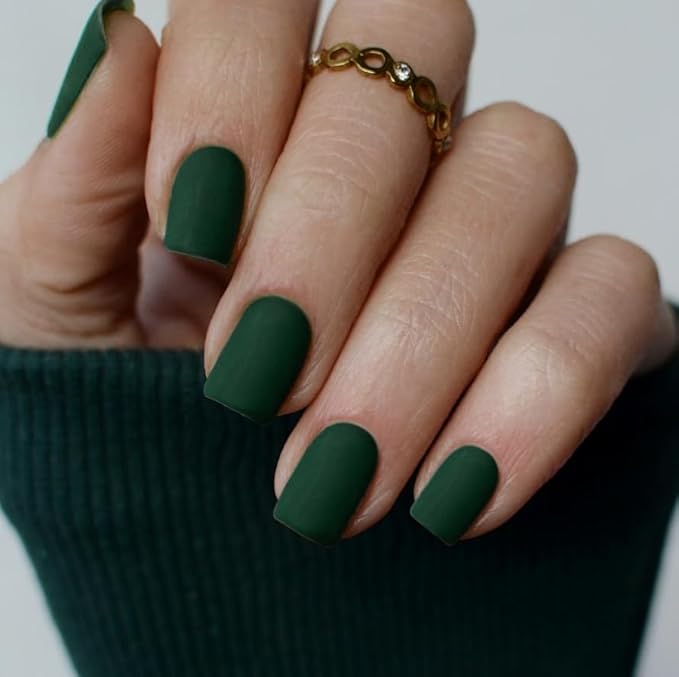 Matte Dark Green Press on Nails Short Square, Natural Short Gel Nails Glue on Acrylic Nails Press ons, 48Pcs Thick Reusable Fake Nails for Women, Short Coffin Artificial Nails Solid Color Square Nails